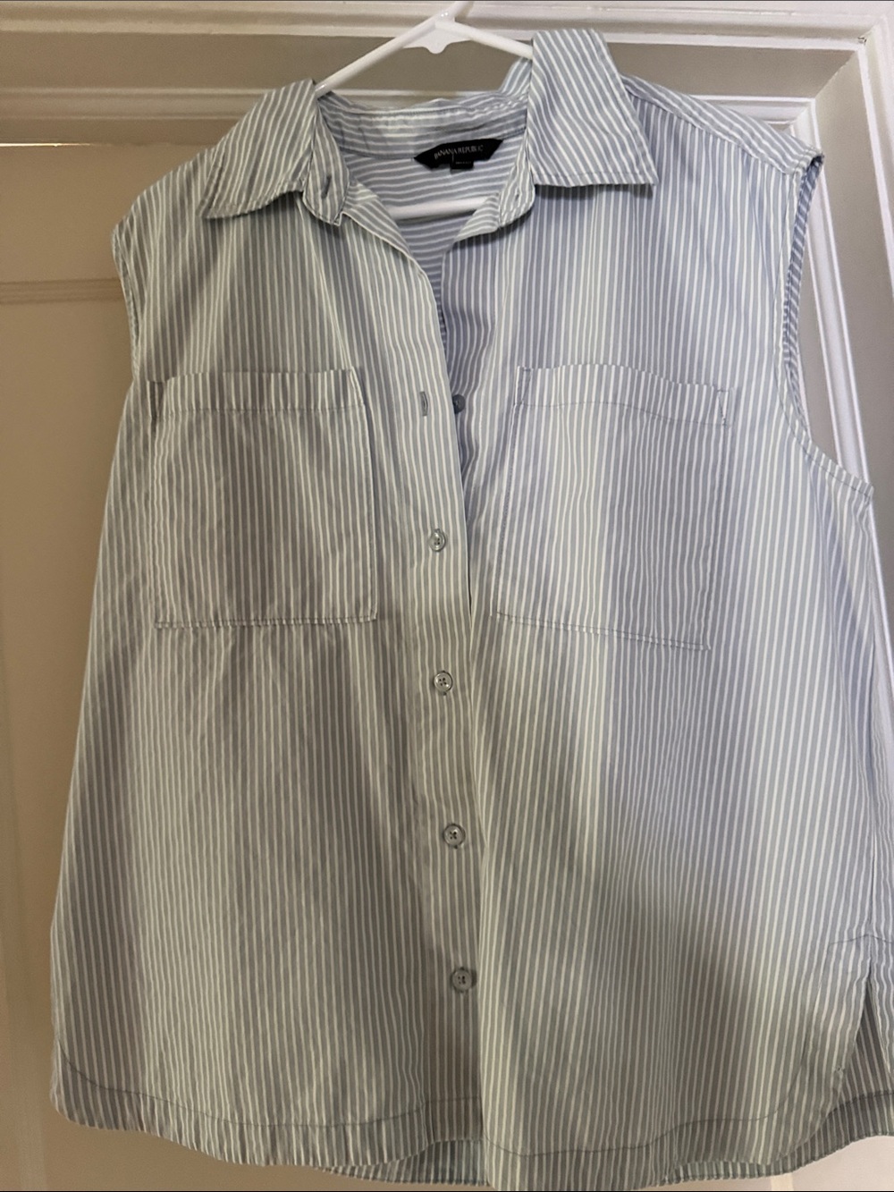 Banana Republic Sleeveless Striped Button-Up Shirt - Light Blue and White